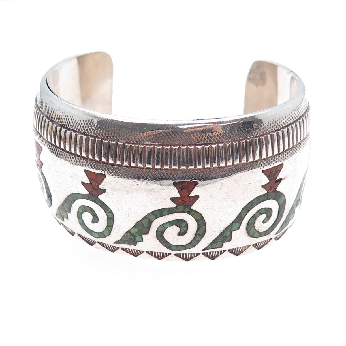 ALLEN CHEE NAVAJO Old Pawn 925 Sterling Silver Turquoise Coral Inlay Bracelet 7"
