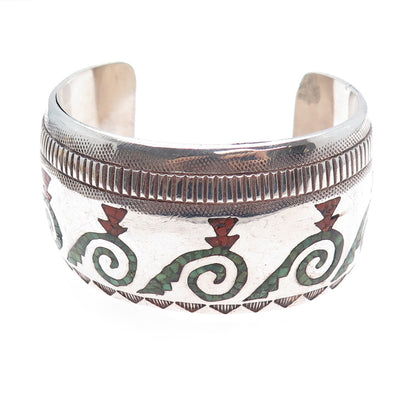 ALLEN CHEE NAVAJO Old Pawn 925 Sterling Silver Turquoise Coral Inlay Bracelet 7"