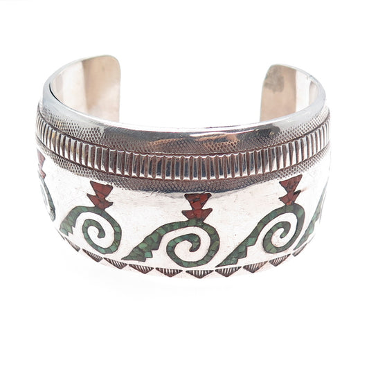 ALLEN CHEE NAVAJO Old Pawn 925 Sterling Silver Turquoise Coral Inlay Bracelet 7"