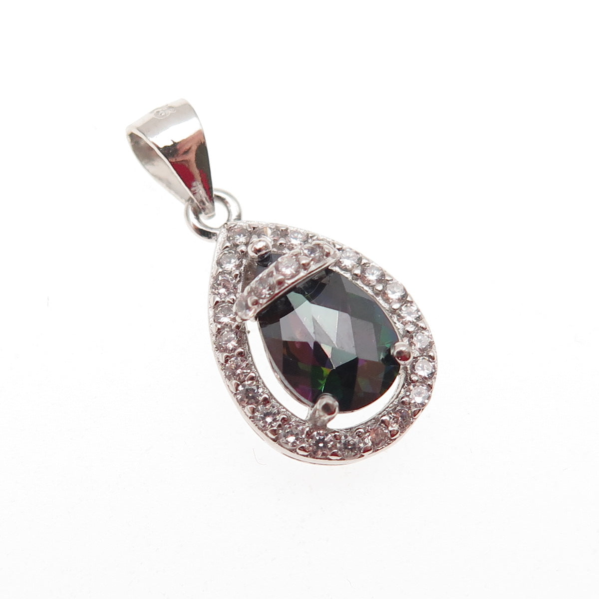 925 Sterling Silver Real Mystic Quartz & C Z Teardrop Mini Charm Pendant