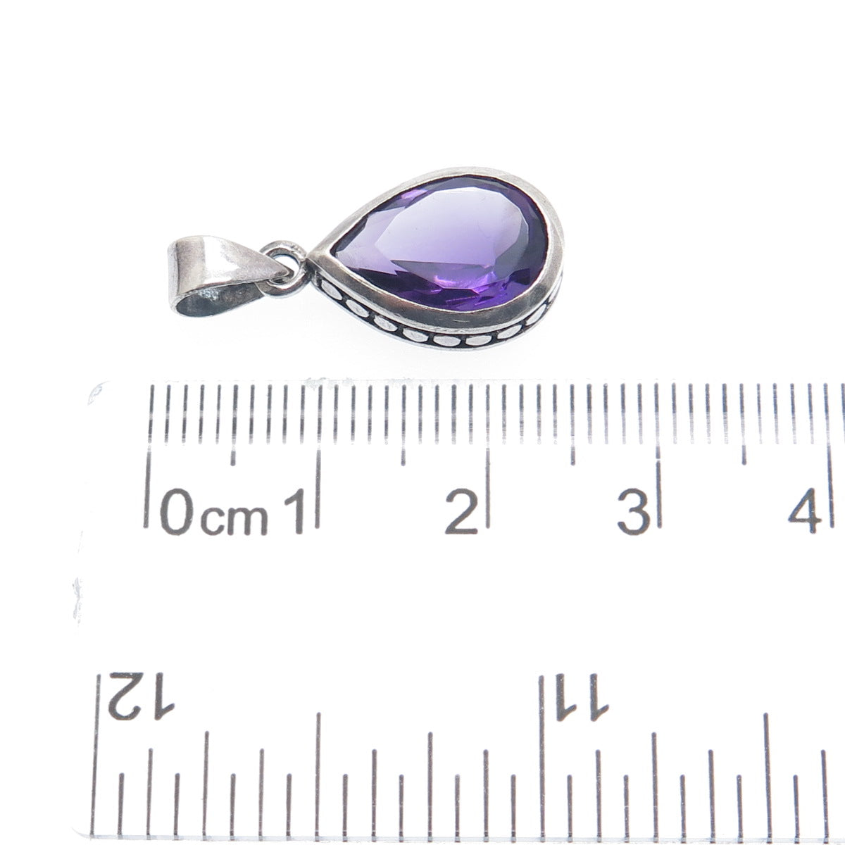 925 Sterling Silver Vintage Real Pear-Cut Amethyst Dotted Minimalist Pendant