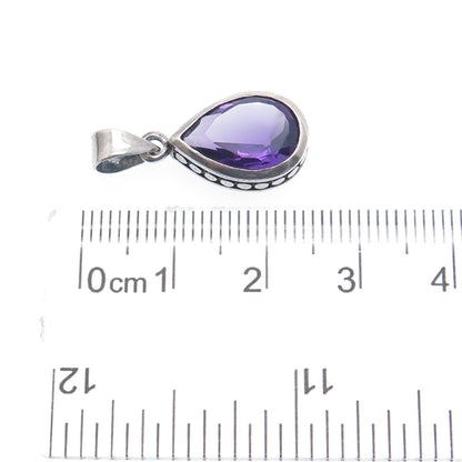 925 Sterling Silver Vintage Real Pear-Cut Amethyst Dotted Minimalist Pendant