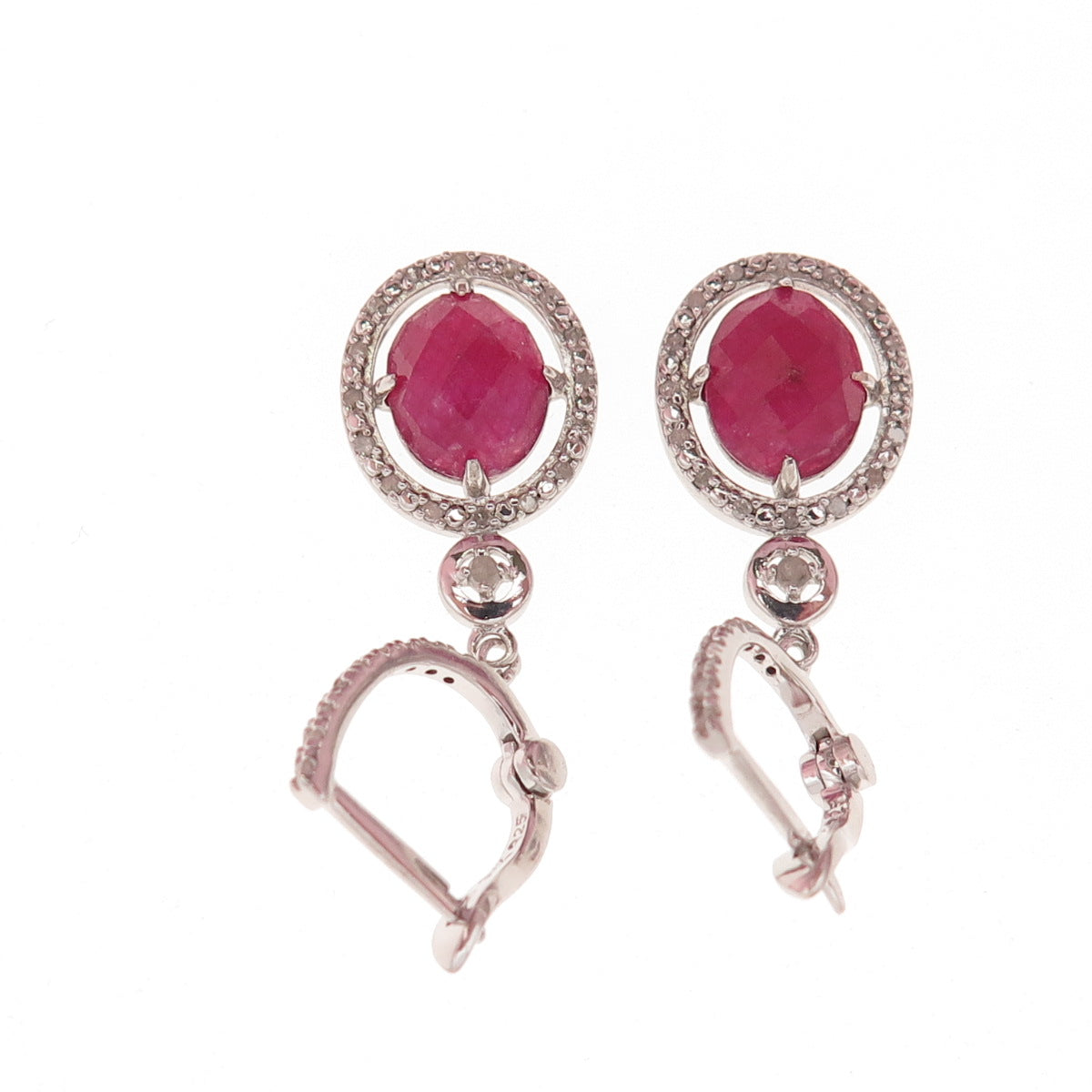 925 Sterling Silver Real Round-Cut Diamond & Oval-Cut Ruby Dangle Earrings