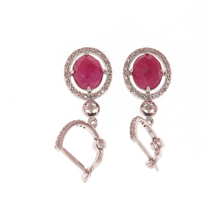 925 Sterling Silver Real Round-Cut Diamond & Oval-Cut Ruby Dangle Earrings