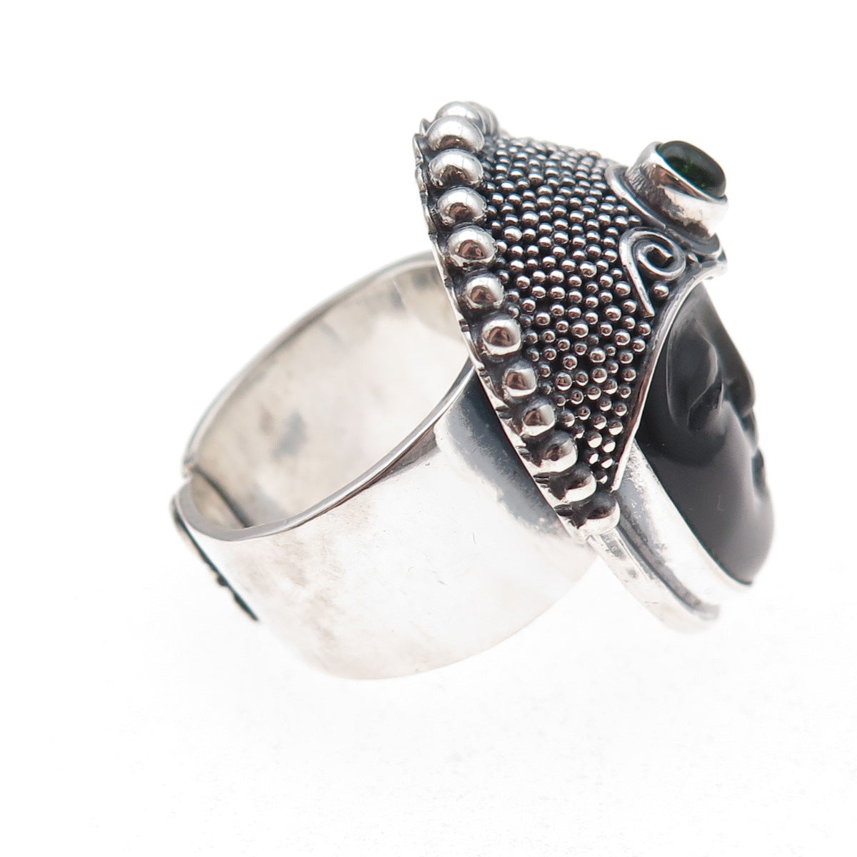 Sajen Sterling Silver Vintage Onyx & Tourmaline Goddess Adjustable Ring Size 8.5