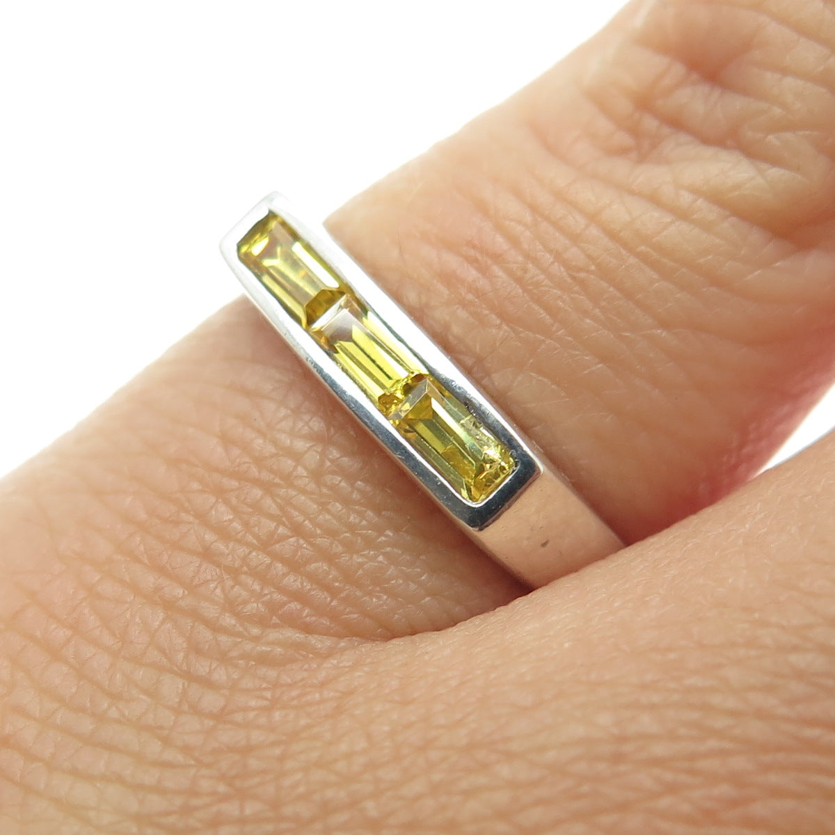 925 Sterling Silver Vintage Baguette-Cut Canary C Z Ring Size 5.5