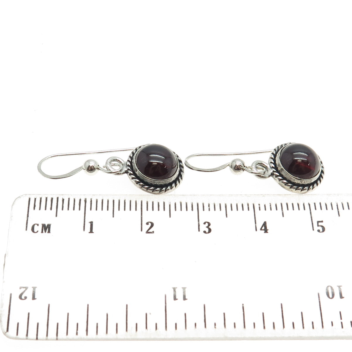 925 Sterling Silver Vintage Real Red Garnet Gemstone Dangle Hook Earrings