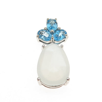 SAI 925 Sterling Silver Real White Chalcedony & Blue Topaz Gemstone Pendant