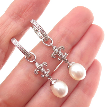 925 Sterling Silver Real Diamond & Pearl Fleur de Lis Charm Hoop Earrings