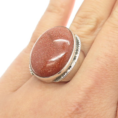 925 Sterling Silver Antique Art Deco Real Goldstone Gem Ring Size 7.75