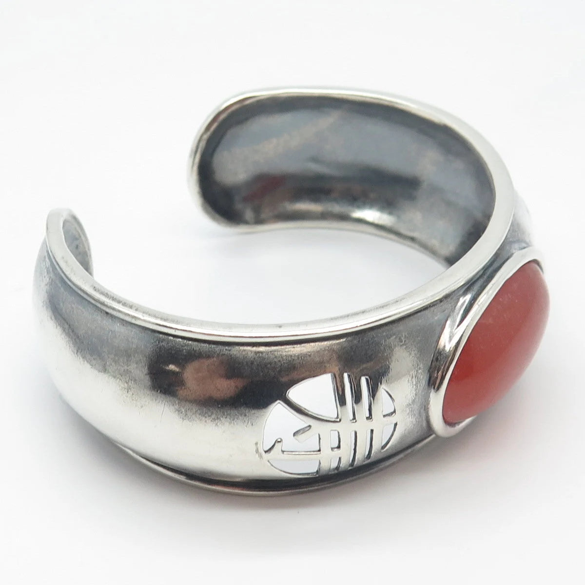 925 Sterling Silver Vintage Real Red Jade Gemstone Adjustable Cuff Bracelet 7.5"