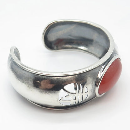 925 Sterling Silver Vintage Real Red Jade Gemstone Adjustable Cuff Bracelet 7.5"