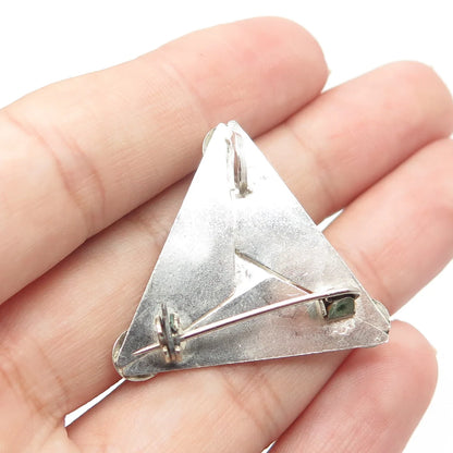 925 Sterling Silver Vintage Real Cabochon Chrysocolla Gem Triangle Pin Brooch