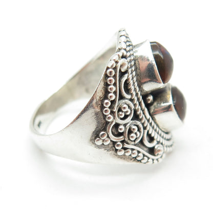 925 Sterling Silver Vintage Real Amber Granulated Roped Oxidized Ring Size 5.75