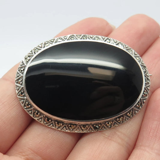 925 Sterling Silver Vintage Black Onyx & Marcasite Gem Art-Deco-Style Pin Brooch