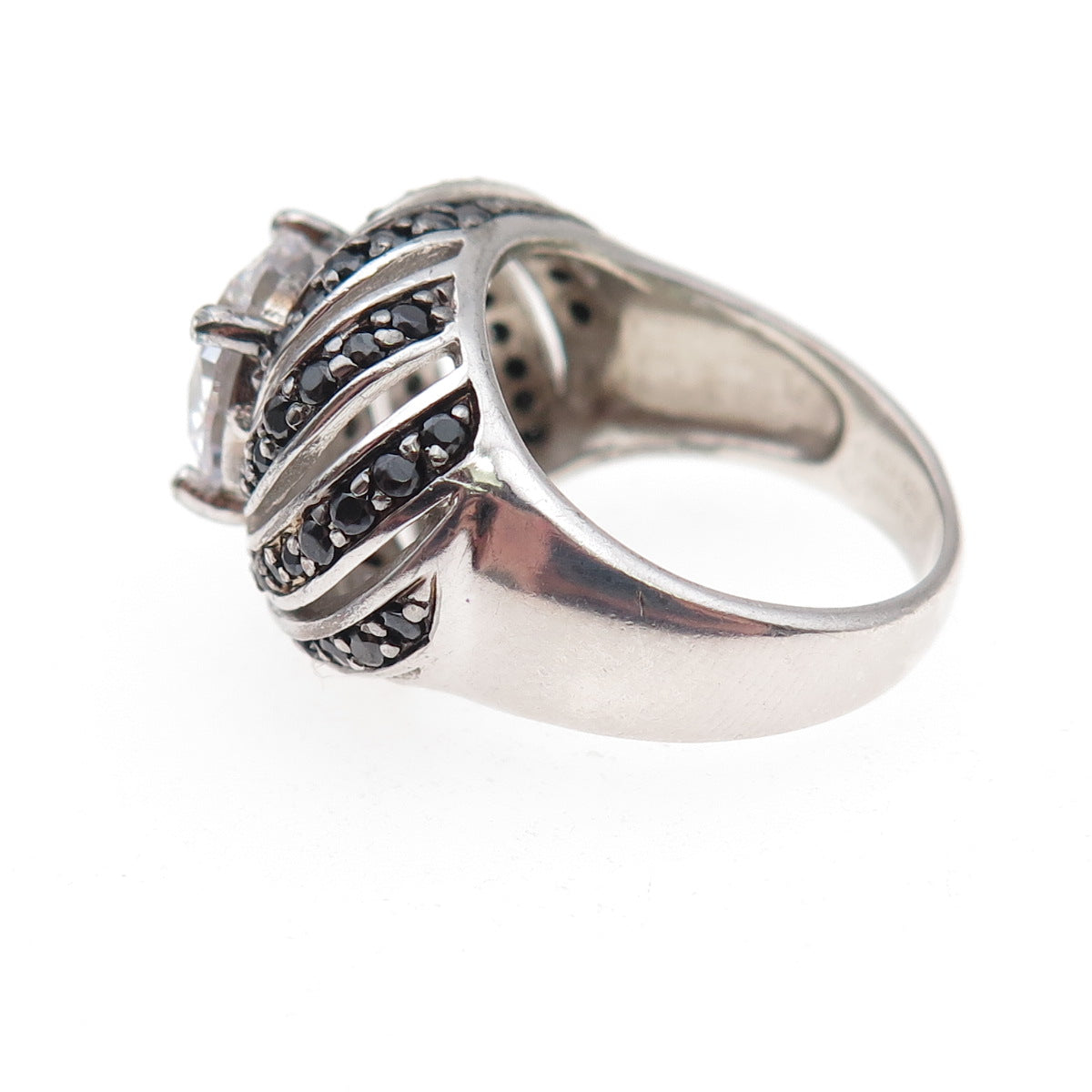 925 Sterling Silver Real Round-Cut Black Spinel & C Z Ring Size 6