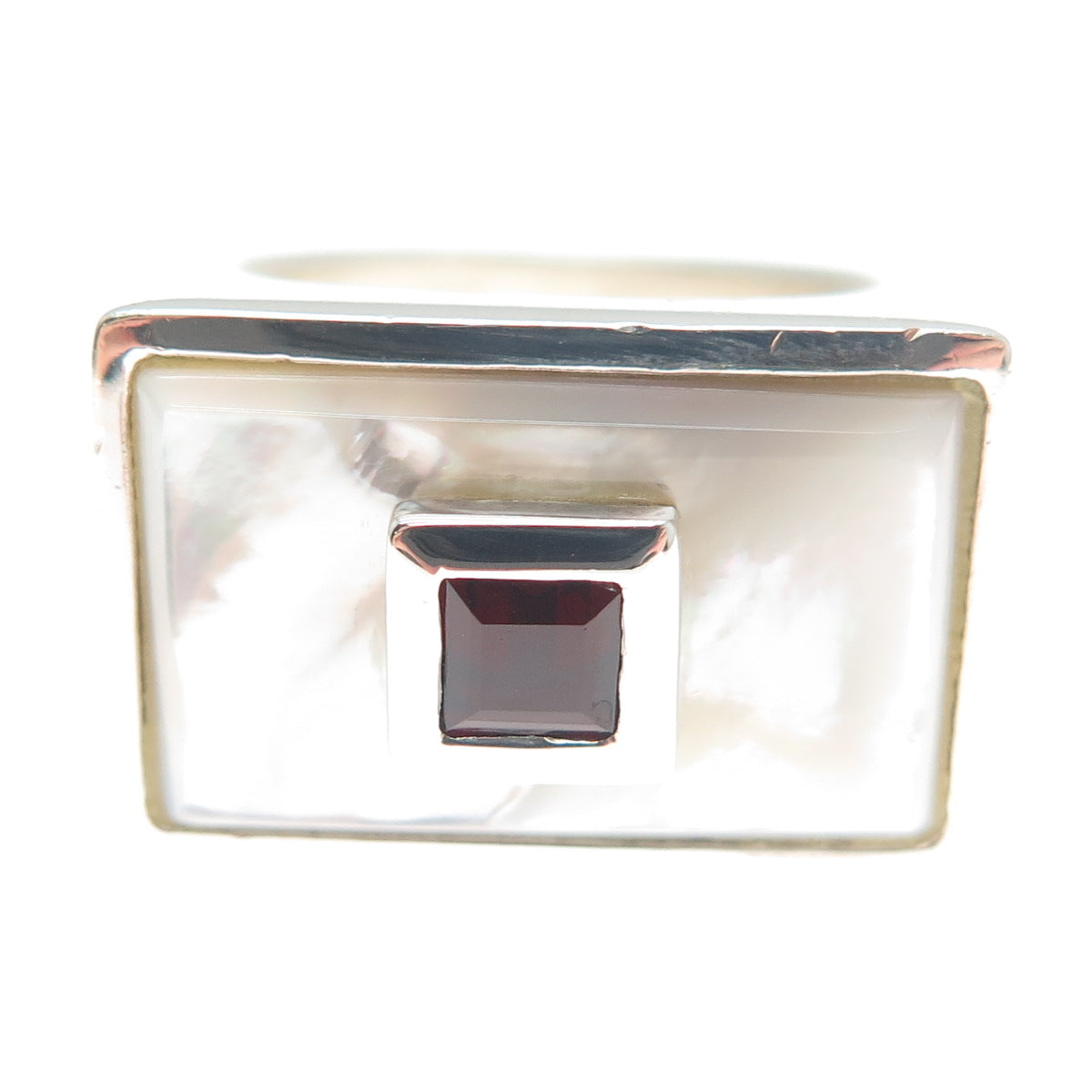 925 Sterling Silver Vintage Real Red Garnet & MOP Modernist Ring Size 7.75