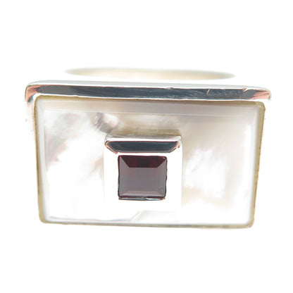 925 Sterling Silver Vintage Real Red Garnet & MOP Modernist Ring Size 7.75