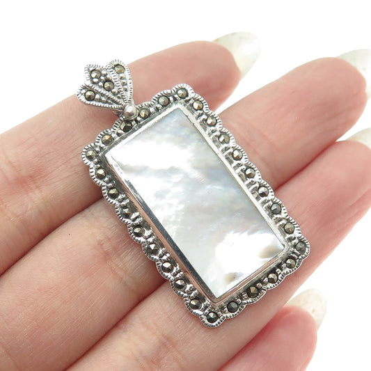 925 Sterling Silver Vintage Real Mother-of-Pearl & Marcasite Gemstone Pendant