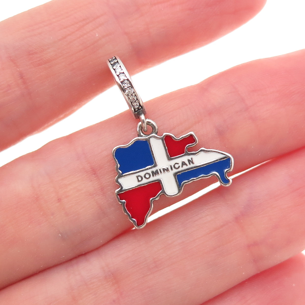 925 Sterling Silver C Z & Enamel Dominican Republic Flag / Map Dangle Charm