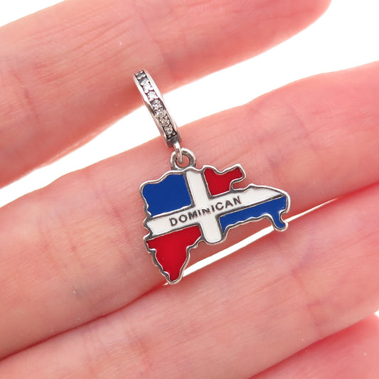 925 Sterling Silver C Z & Enamel Dominican Republic Flag / Map Dangle Charm