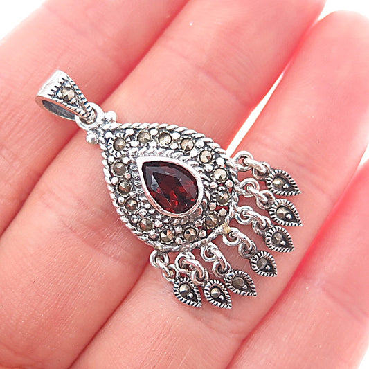 925 Sterling Silver Vintage Real Red Garnet & Marcasite Teardrop Charm Pendant