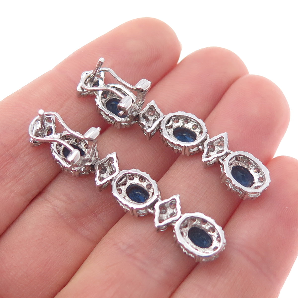 925 Sterling Silver Blue & White C Z Dangle Omega Back Earrings