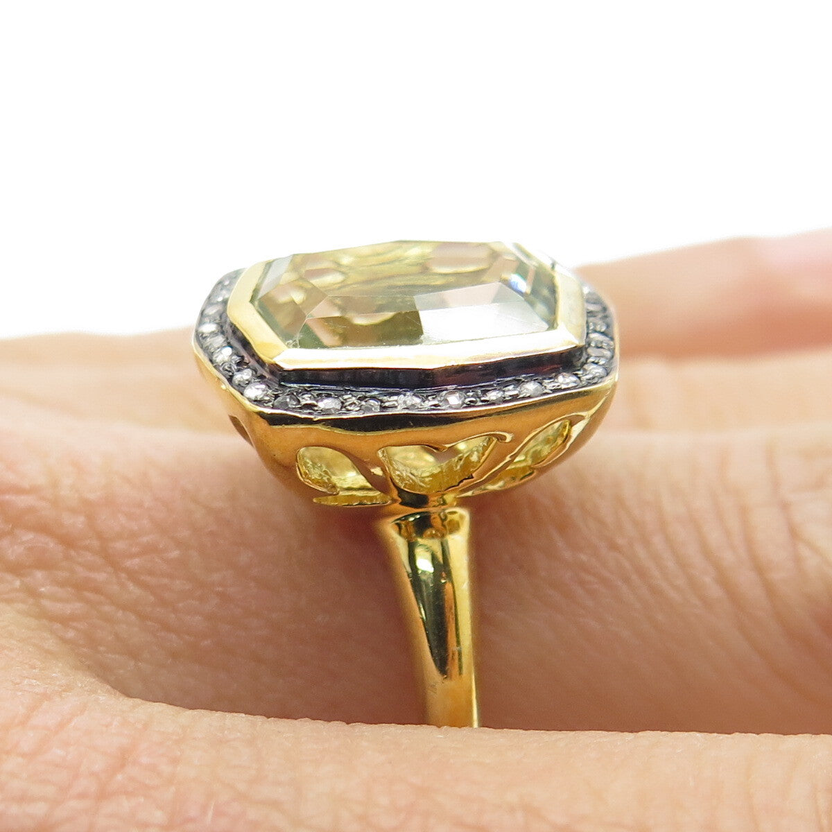 925 Sterling Silver Gold Plated White Diamond & Blue Topaz Gem Ring Size 8.75