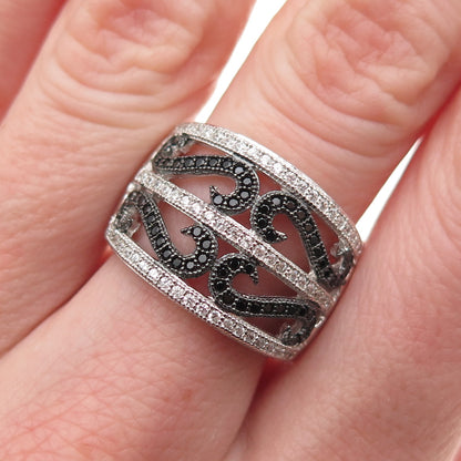 925 Sterling Silver Round-Cut Black & White C Z Heart Swirl Ring Size 7