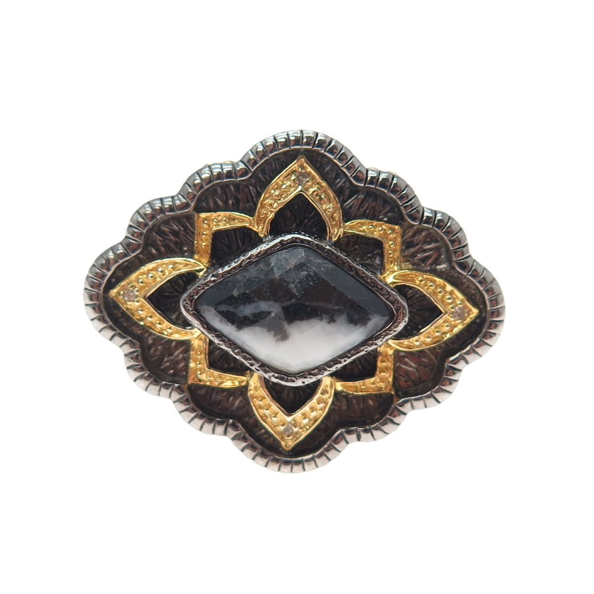 925 Sterling Silver 2-Tone Black Rhodium Vintage Diamond & Jasper Ring Size 5.25