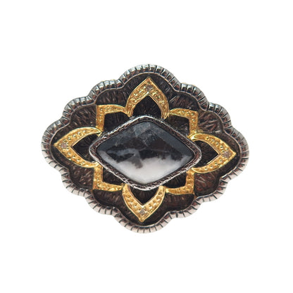 925 Sterling Silver 2-Tone Black Rhodium Vintage Diamond & Jasper Ring Size 5.25