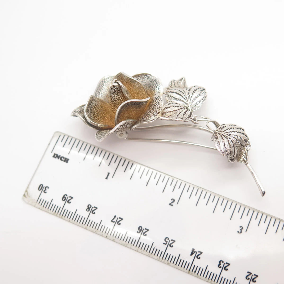 900 Coin Silver Vintage Rose Floral Filigree Pin Brooch