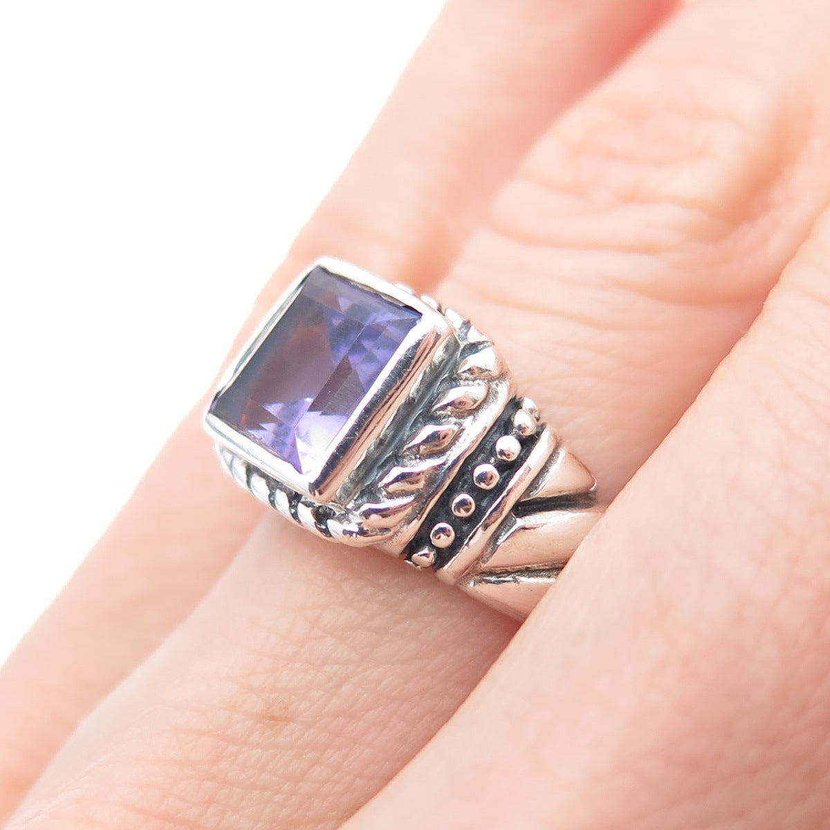 SX SALLY C 925 Sterling Silver Vintage Real Amethyst Oxidized Ring Size 6