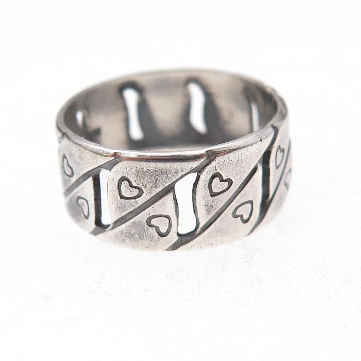 Joseph Esposito 925 Sterling Silver Vintage Heart Cuban Link Band Ring Size 6.5