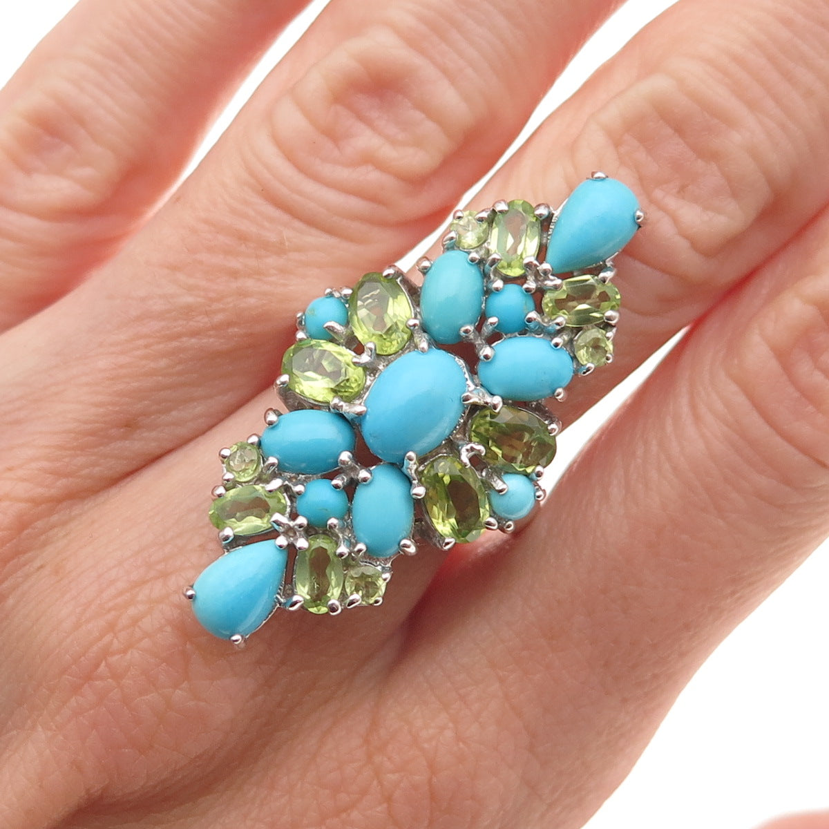 Chapal Zenray 925 Sterling Real Sleeping Beauty Turquoise Peridot Ring Size 8.25