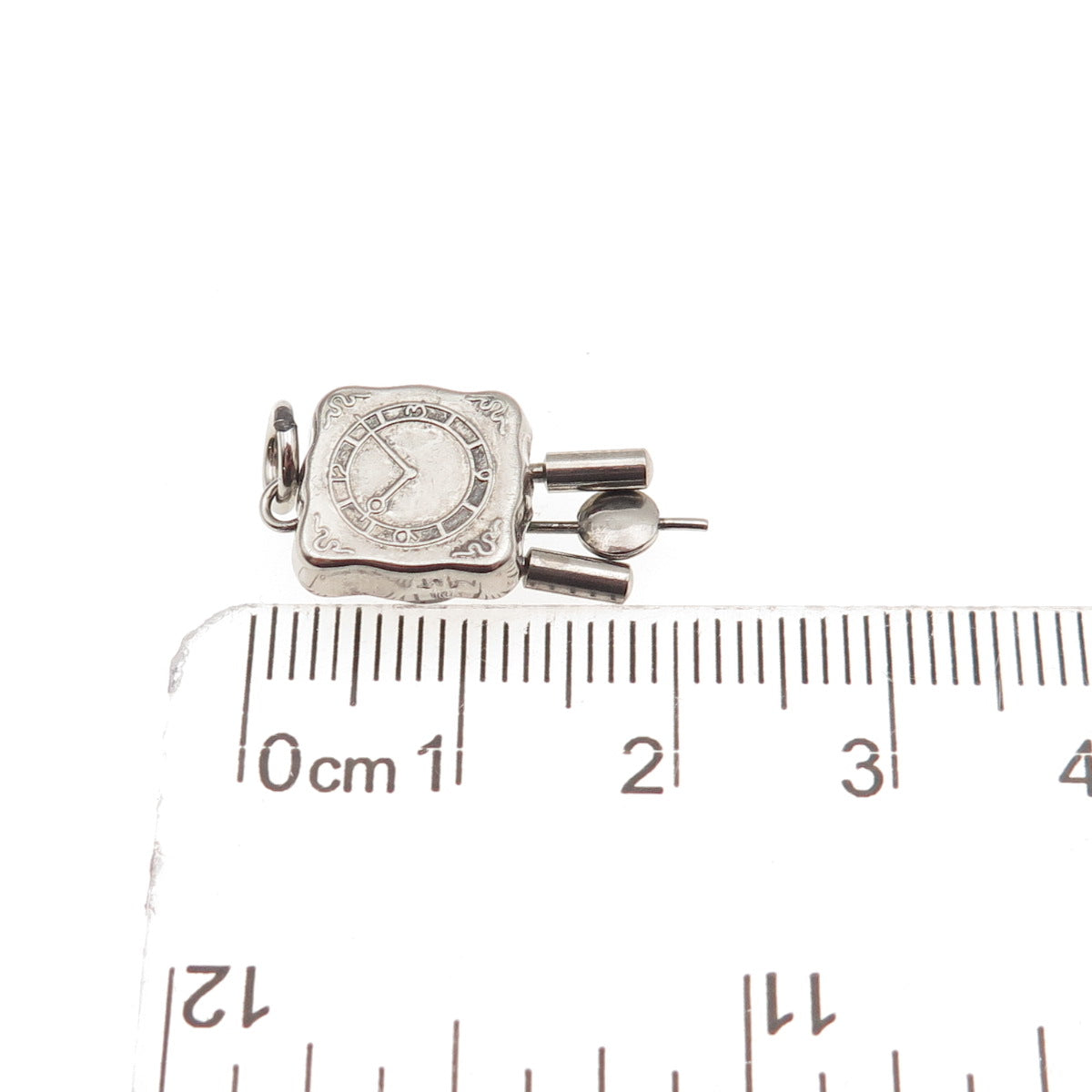 800 Silver Antique Art Deco Pendulum Clock 3D Mini Charm Pendant
