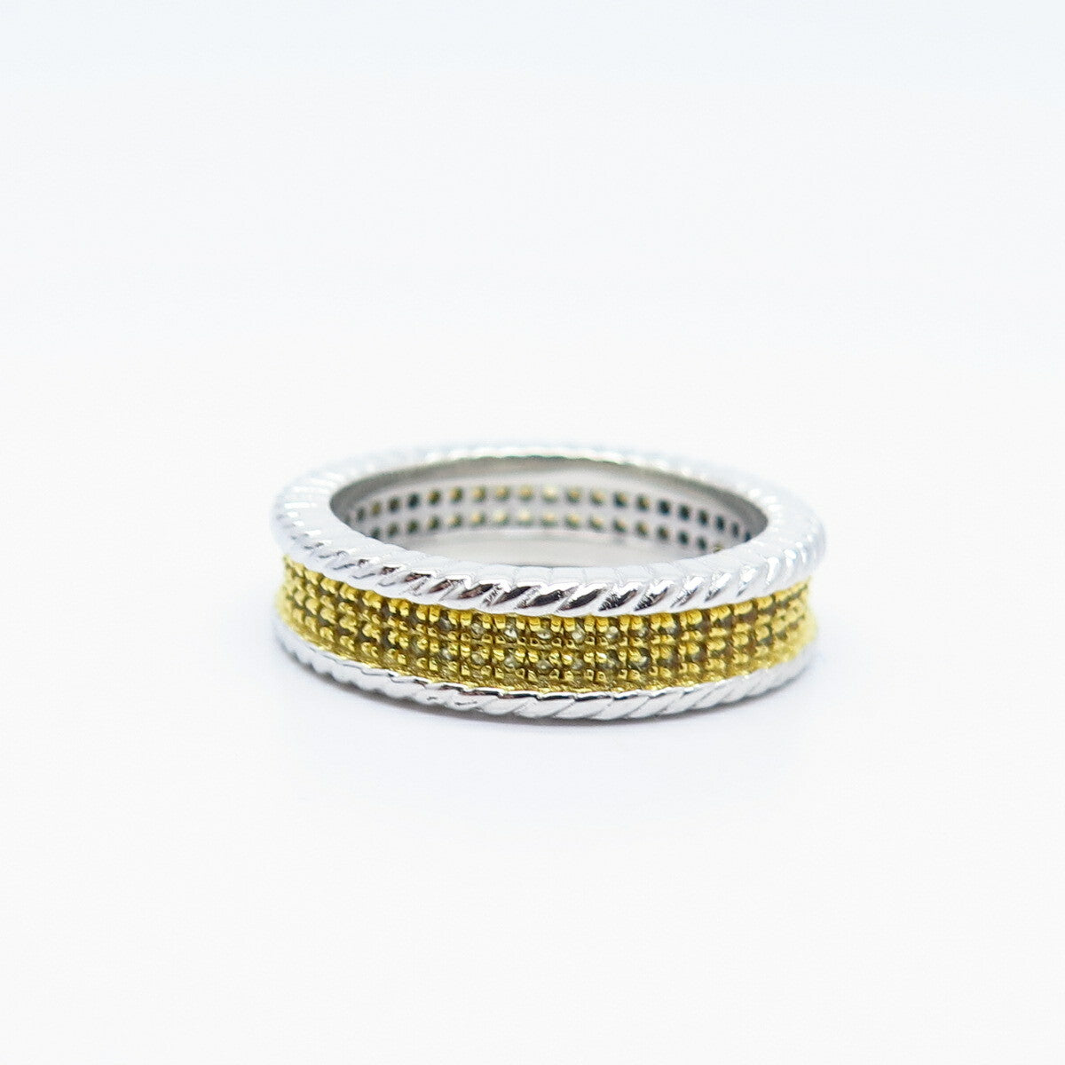 925 Sterling Silver 2-Tone Pave C Z Band Ring Size 7.75