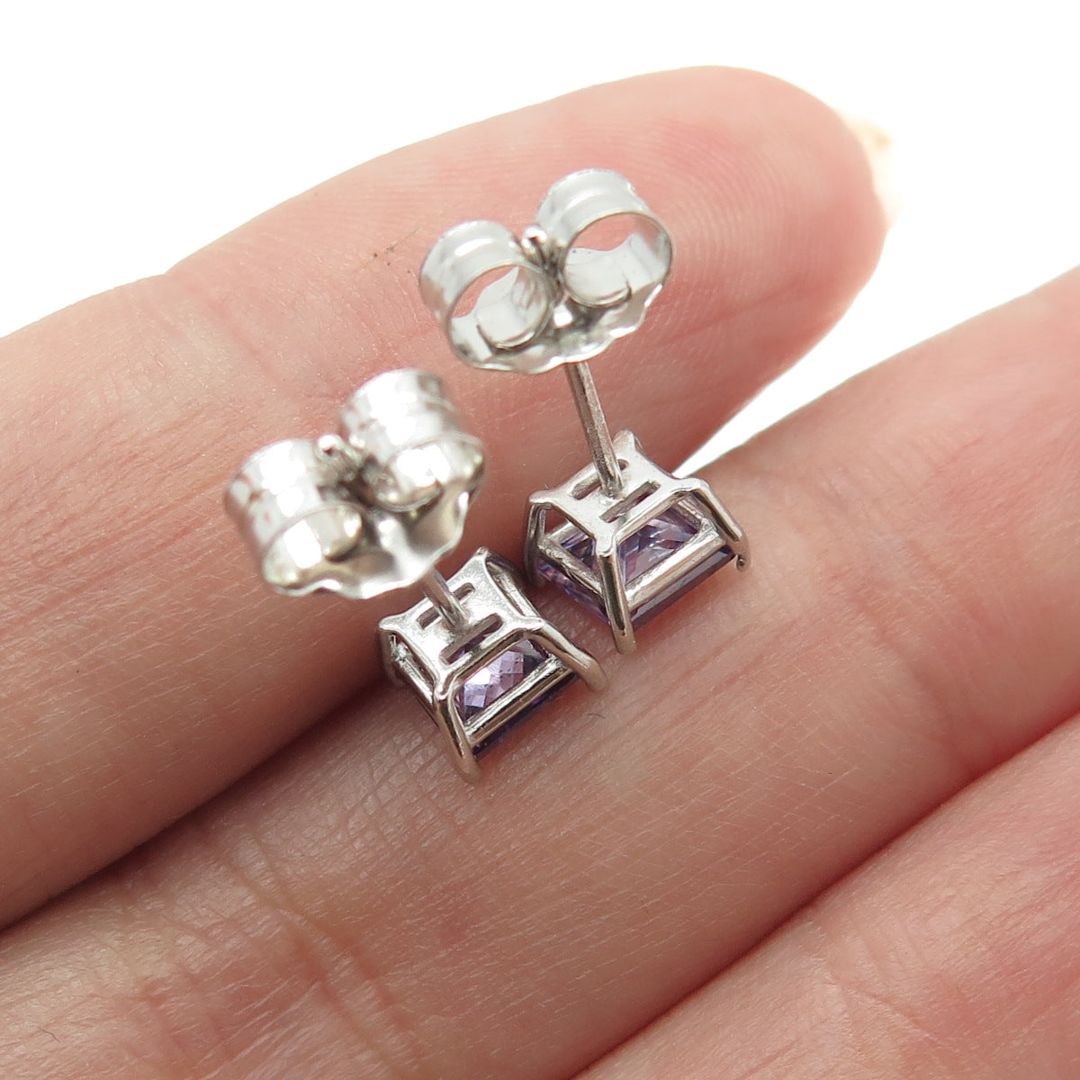 925 Sterling Silver Princess-Cut Shaped Purple C Z Stud Earrings