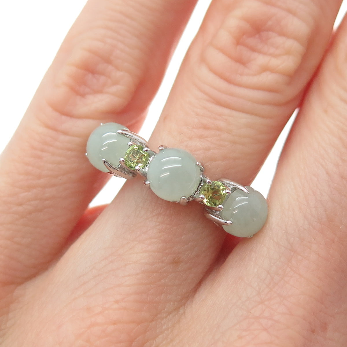 925 Sterling Silver Real Cabochon Jade & Round-Cut Peridot Ring Size 5.25