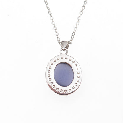 925 Sterling Silver Real Cat's Eye & C Z Cable Chain Necklace 18"