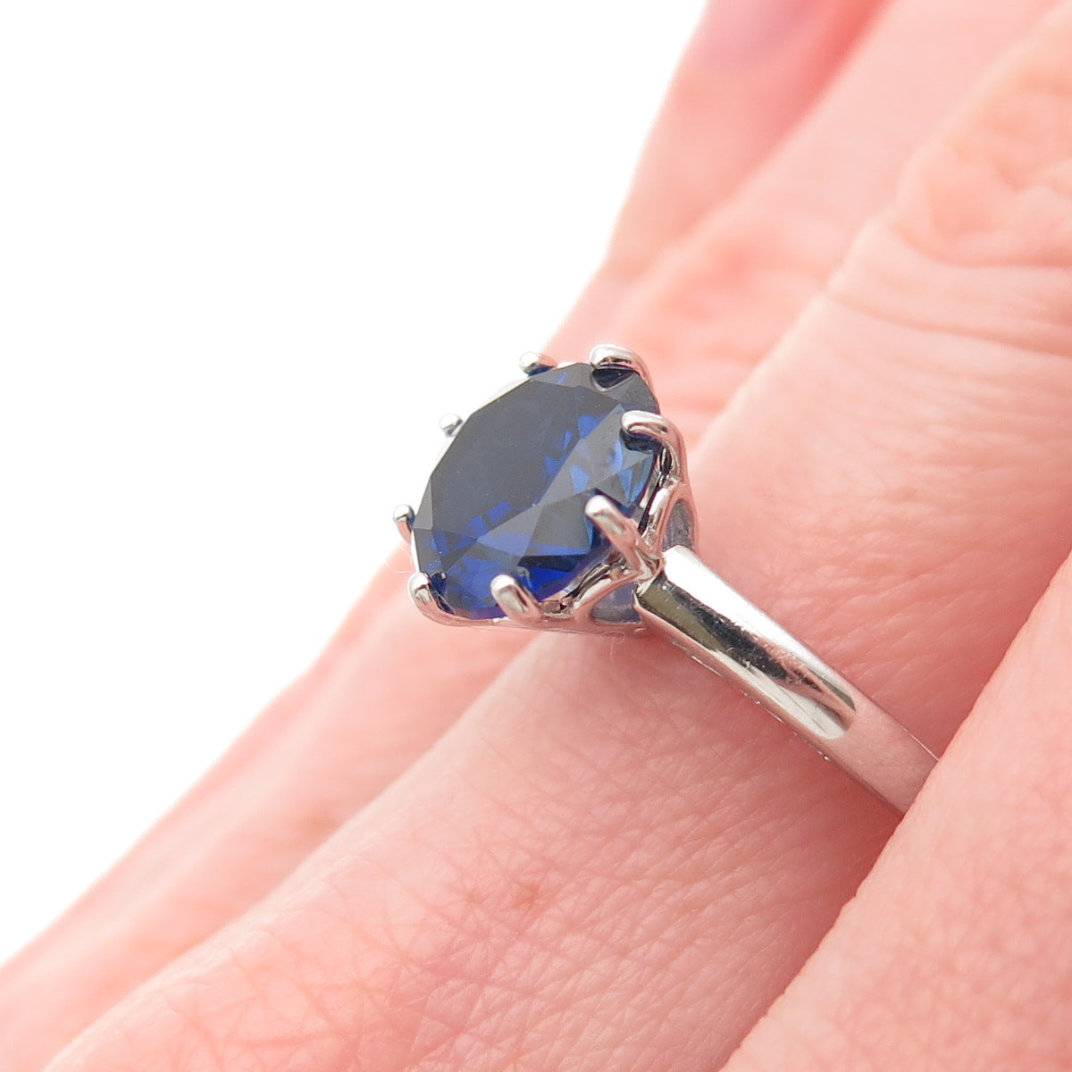 925 Sterling Silver Round-Cut Lab-Created Sapphire Ring Size 6.75