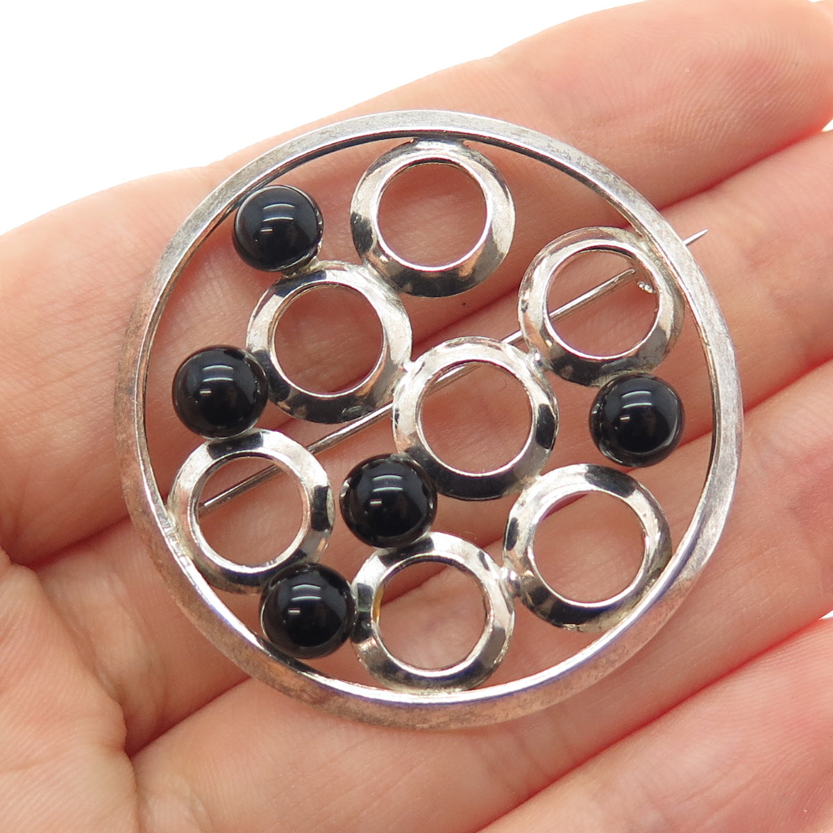 900 Silver Vintage Czechia Real Black Onyx Modernist Artisan Pin Brooch
