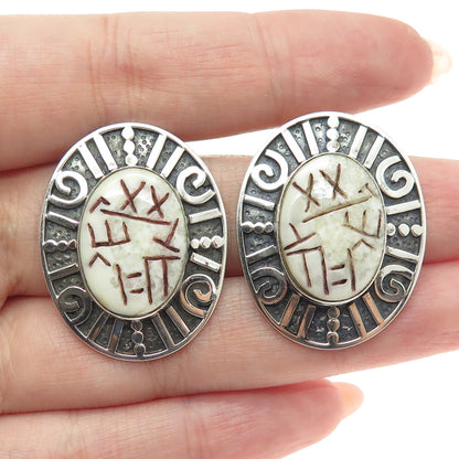 ZEALANDIA 925 Sterling Silver Vintage Real Carved Jasper Ethnic Symbols Earrings