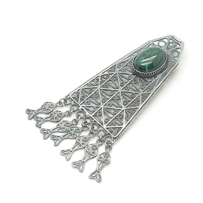 925 Sterling Silver Vintage Real Chrysocolla Gem Filigree Ethnic Slide Pendant