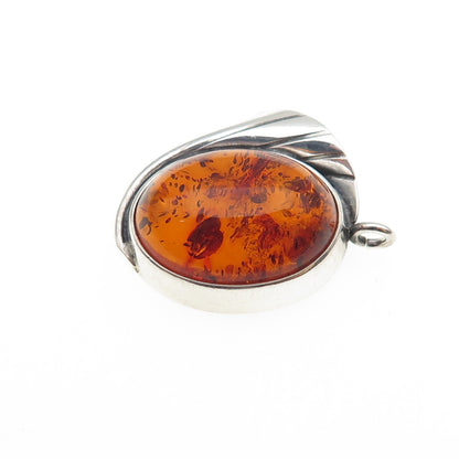 925 Sterling Silver Vintage Real Amber Modernist Floral Oxidized Charm Pendant
