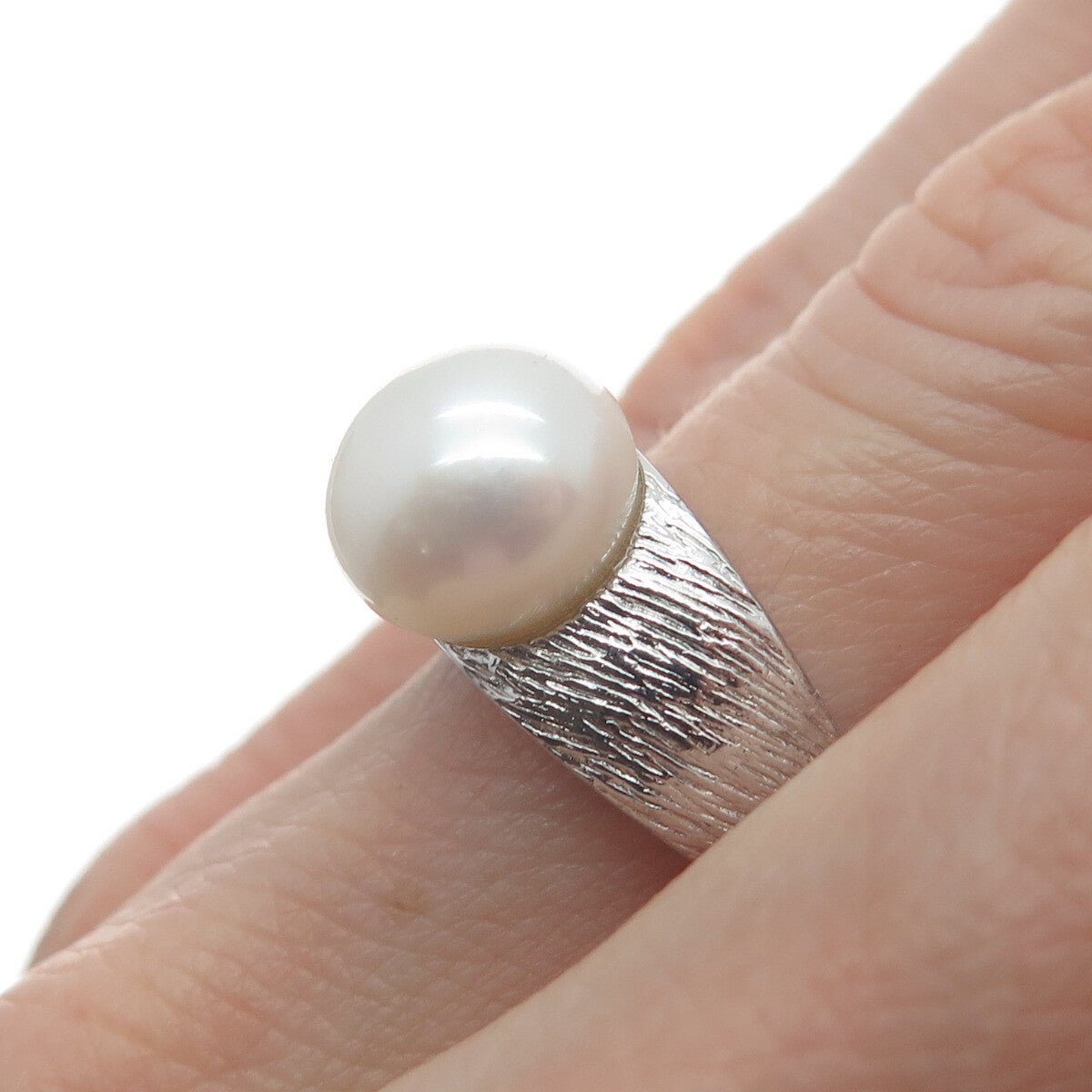 925 Sterling Silver Vintage Real Pearl Textured Ring Size 7.25