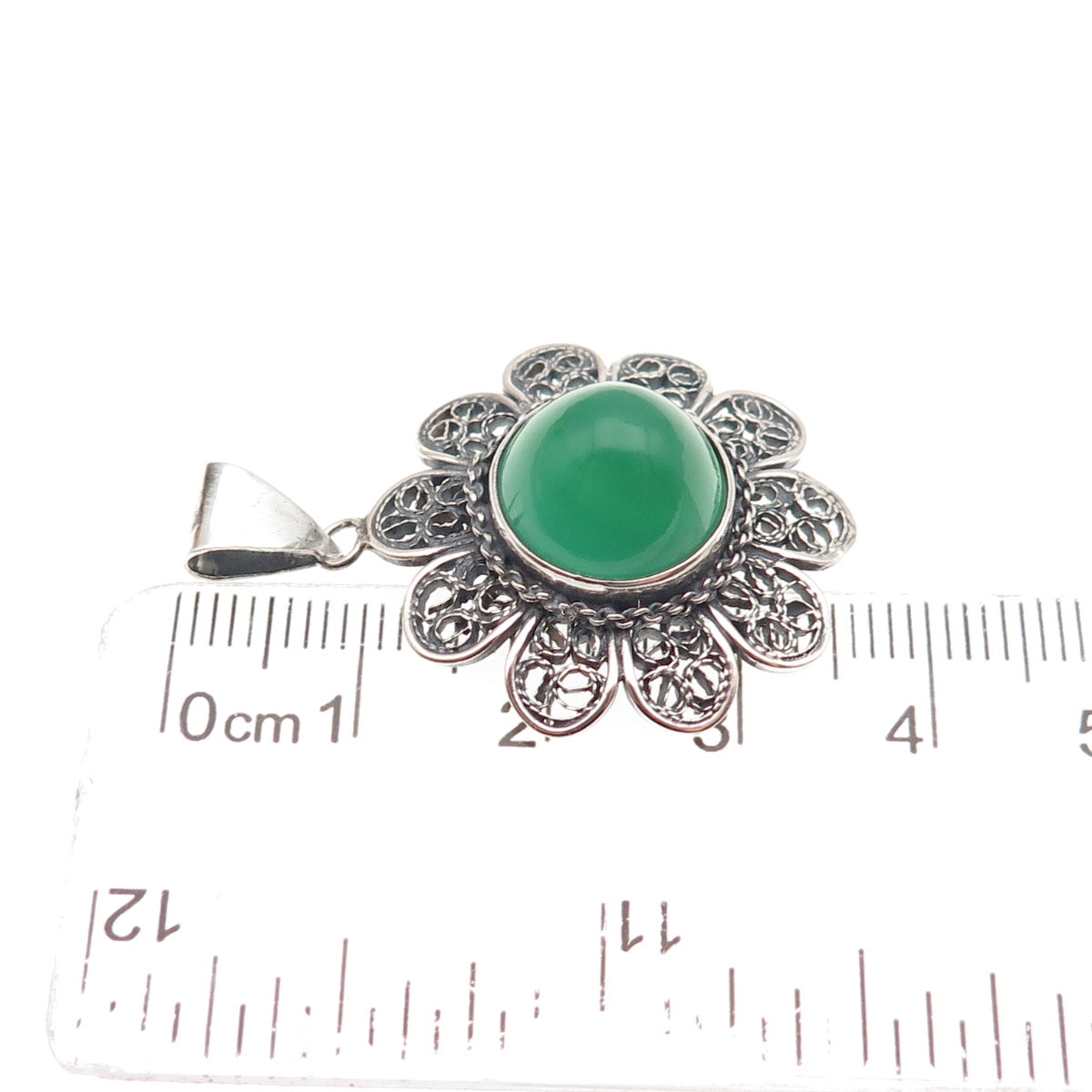 800 Silver Vintage Real Green Onyx Floral Filigree Oxidized Charm Pendant