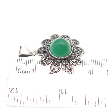 800 Silver Vintage Real Green Onyx Floral Filigree Oxidized Charm Pendant