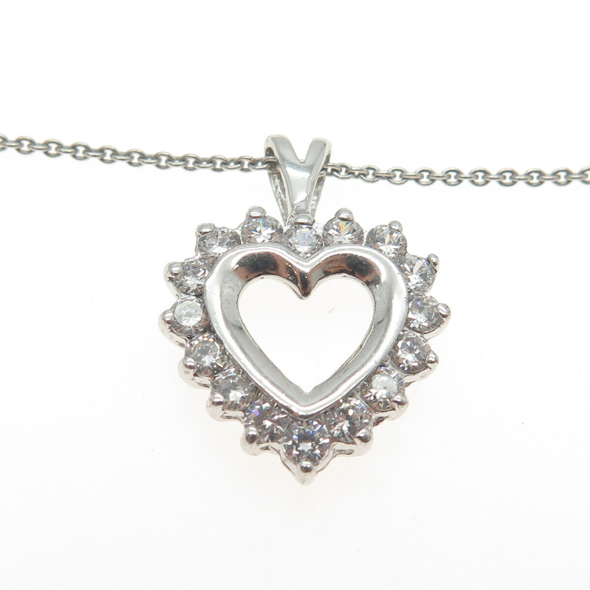 925 Sterling Silver Round-Cut C Z Heart Cable Chain Necklace 16"