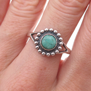 Old Pawn 925 Sterling Silver Vintage Turquoise Sun Beaded Tribal Ring Size 9